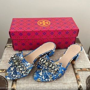 Tory Burch Valentina Bow Slide Metallic Floral Sandal